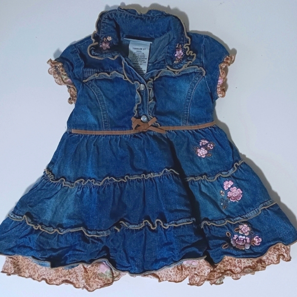 NWOT Vintage Girls' Floral Denim Ruffled Dress Size 2T